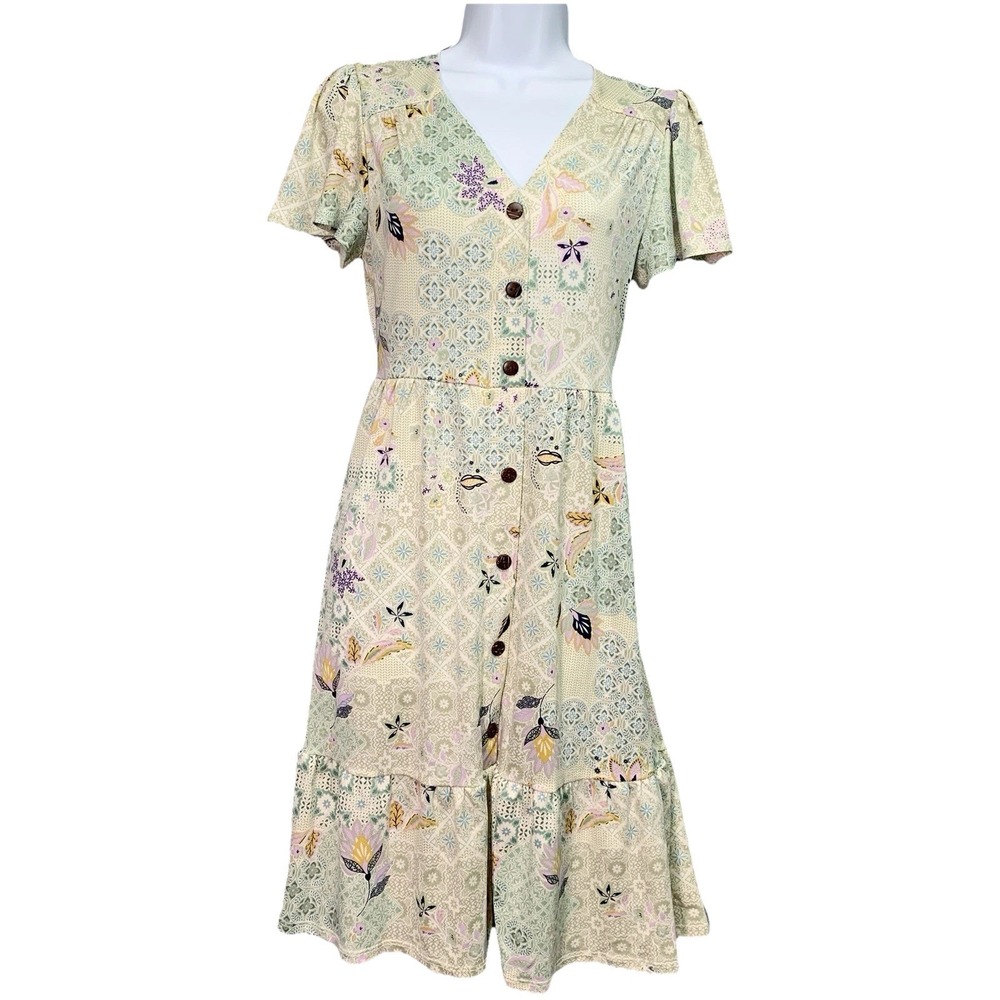 Monteau Los Angeles Peasant Dress S Floral Cream Cottagecore Fairy Whimsical